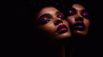 An artistic portrait of two models with bold aura-inspired makeup, reflecting their energy and spirit. Neon colors and glossy textures create a mystical and luxurious aesthetic. . photo