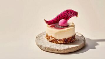 Minimalistic cheesecake with dragon fruit garnish, soft creamy texture, presented on a rustic stone with elegant beige background and artistic lighting. . photo
