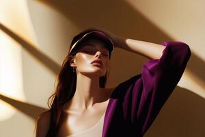 A fashionable woman enjoys the sun, highlighting skincare and sun protection. Warm tones and elegant aesthetics create a serene and luxurious feel. . photo