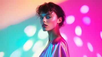 A high-fashion model glows under neon lights, blending elegance with a futuristic aura. Dreamlike bokeh, vibrant hues, and artistic depth create a striking visual experience. . photo