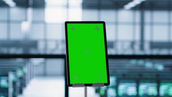 Isolated screen mockup tablet in front of technicians in blurry background working in server farm, analyzing data. Close up of chroma key tablet next to coworkers examining data center, camera A video