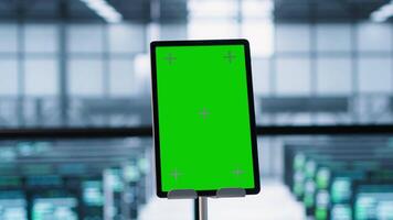 Close up of mockup tablet and data center engineers developing disaster recovery plans. Focus on isolated screen device in front of server farm colleagues testing failover scenarios, camera A video