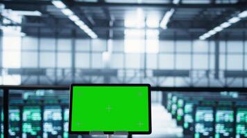Close up of chroma key tablet and teamworking programmers in server room adjusting power management settings. Focus on isolated screen mockup device in front of data center technicians, camera B video
