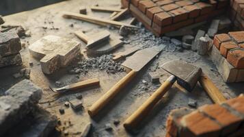 Tools and bricks on a table with a brick wall photo