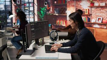 Startup team concerned by company stock valuation dropping, signaling future funding challenges. Venture management distraught by financial decline leading to budget cuts and layoffs, camera A video