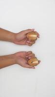 Hands Holding Two Slices of Sapodilla Fruit on White Background photo