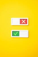 Two buttons enabling and disabling. Concept of parameters and settings. Alternatives and backup plans. switching between modes, system preferences, activation, and deactivation in technology photo