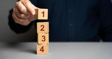 Businessman puts wooden blocks with the number 1 2 3 4. Task list. Alternate items and conditions for implementation. Organization and systematization, step by step instructions. photo