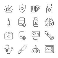 A set of medical icons including a stethoscope, syringe, and a heart vector
