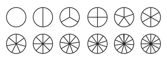 Circles divided in segments from 1 to 12 set, Pie Geometry Mathis Mathematical Education Diagram. different number of sectors divides the circle, vector