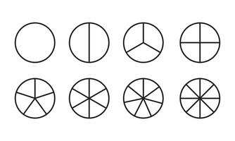 Circles divided in segments from 1 to 8 set, Pie Geometry Mathis Mathematical Education Diagram. different number of sectors divides the circle, vector