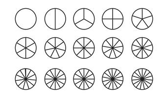Circles divided in segments from 1 to 15 set, Pie Geometry Mathis Mathematical Education Diagram. different number of sectors divides the circle , vector