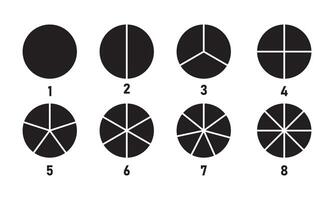 Segments of circle with 1 to 8 pieces. Info graphic icons circles set divided radius in black and white color image. Divided circle sections, Black round diagram. Divided circle sections. vector