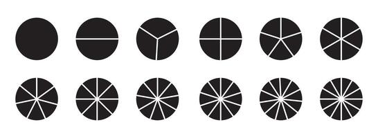 Segments of circle with 1 to 12, pieces. Info graphic icons circles set divided radius in black and white color image. Divided circle sections, Black round diagram. Divided circle sections . vector