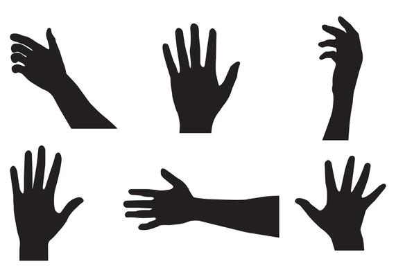 Set of various black silhouette hands. collection of hands of different gestures. Elegant gestures. Black and white illustration.