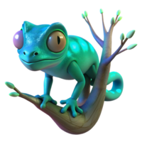 Vibrant Teal Chameleon 3D Render on Branch Illustration, Cartoon Reptile on Tree Branch Background png