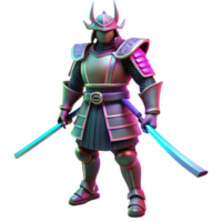 Neon Samurai Warrior 3D Render Illustration A Vivid Cyberpunk Style Figure in Full Armor with Two Bright Swords png