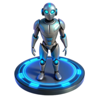 Futuristic Robot Illustration A 3D Render of a Silver Robot on a Blue Luminous Platform png