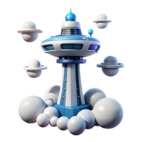 Futuristic Space Tower on Cloud Base with Orbiting Planets png