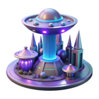 Futuristic Cityscape 3D Render Illuminated Spaceship Landing Neon Glow Abstract Architecture Purple and Blue Hues Fantasy Urban Scene Sci Fi City Diorama Miniature Model Digital Art 3D Illustration png