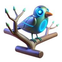 3D Render of a Futuristic Robotic Bird Perched on a Branch Illustration png