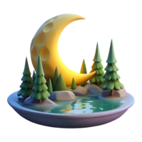 Enchanted Moonlit Pond 3D Render Illustration Serene Nighttime Forest Scene with Crescent Moon, Coniferous Trees, and Calm Water png