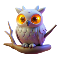 3D Render of a Cute Cartoon Owl Perched on a Branch Glowing Eyes Fantasy Creature Illustration png