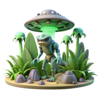 3D Render of a Cartoon Alien Creature near a Glowing UFO in a Lush, Tropical Setting png