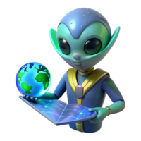 3D Render of an Alien Studying a Futuristic Tablet Displaying Earth Globe Data png