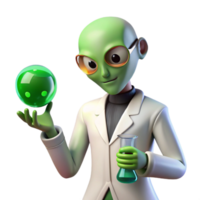 3D Illustration of a Green Alien Scientist Holding a Glowing Orb and Erlenmeyer Flask png