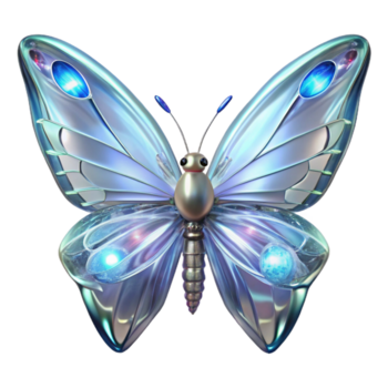futurista metálico borboleta 3d render uma deslumbrante sci fi inseto ilustração com brilhando esfera detalhes png