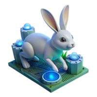 Adorable 3D Render of a White Rabbit Interacting with Futuristic Technology, A Digital Illustration Featuring a Cute Bunny and Glowing Circuitry png