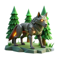 3D Render of a Mechanical Wolf in a Forest Setting Stylized Low Poly Canid with Glowing Eyes Amidst Cartoon Trees and Grass png