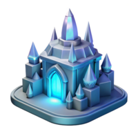 Enchanted Crystal Castle 3D Render Isometric View Fantasy Architectural Design Magical Blue Glow Geometric Shapes Stylized Towers Game Asset Digital Art Ice Palace Fantasy Illustration 3D Model png