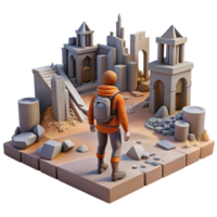 3D Render of a Traveler Exploring Ancient Ruins in a Desert Landscape Stylized Low Poly Exploration Scene png