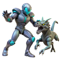elegant vintage Futuristic Robot and Reptilian Creature 3D Render, Sci Fi Action Illustration, Grey and Teal Color Scheme, Dynamic Pose detailed png