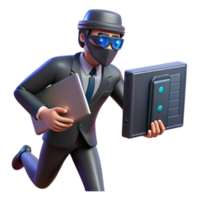 3D Illustration of a Stealthy Businessman Running with a Tablet and a Secure Server Case png