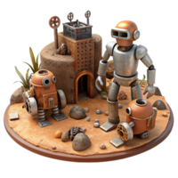 3D Render of Retro Robots on Desert Planet png