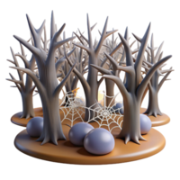 Spooky Halloween Scene Barren Trees, Cobwebs, and Mysterious Stones png