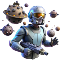 3D Illustration Futuristic Spaceman with Ray Gun Amidst Asteroids and Planets png