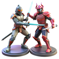 Dynamic 3D Render of Two Armored Warriors Engaged in Combat A Stunning 3D Illustration Featuring Futuristic Knights with Swords png