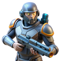 extraordinary rustic Futuristic Soldier 3D Render, Sci Fi Combat Ready Character Illustration, Advanced Weaponry, Grey and Orange Armor, Glowing Eyes, Digital Art original png