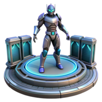 Futuristic 3D Render of Armored Robot on Platform png