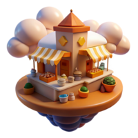 Whimsical 3D Render of a Floating Market Stall Illustration with Orange Striped Awning, Cute Cartoon Style, Pastel Colors, Cloud Background, Produce Display, and Small Plants png