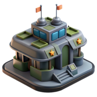 serene artistic Stylized 3D Render of a Cartoon like Military Building, Isometric View, Game Asset, Low poly Design, Flags, Stars, Gray and Green Building, Digital Illustration high quality png