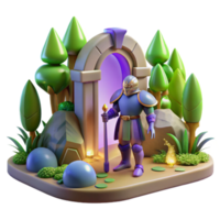 3D Illustration Fantasy Knight at Magical Portal in Enchanted Forest, Stylized Game Asset, Cartoonish Knight, Purple Portal, Magical Staff, Fantasy Landscape, Game Art, 3D Render, Digital Art png
