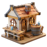 stunning classic Enchanted Cottage 3D Render of a Fantasy Home with Wooden Table, Barrels, and Potions authentic png