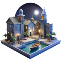 Night Scene 3D Render of a Coastal Town with a Boat, Palm Trees, and Moonlit Architecture png