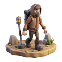 3D Render of a Cartoon Hiker with Backpack Walking on a Desert Path near a Lamppost png