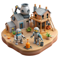 Robots Exploring a Desert Settlement A 3D Rendered Scene png